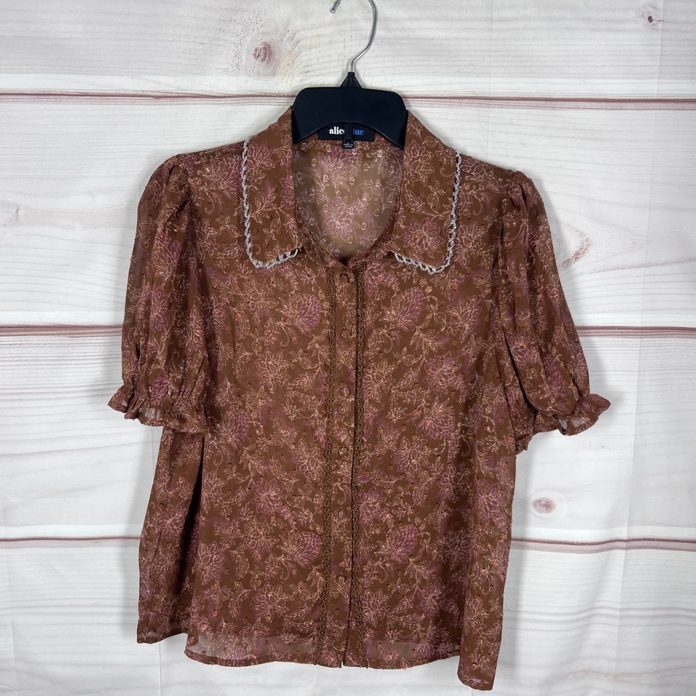 Alice Blue Blouse Womens Large Brown Floral Sheer Lace Trim Short Sleeve Top